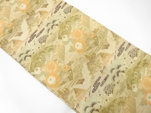 JAPANESE KIMONO / ANTIQUE MARU OBI / WOVEN MANSION & FLOWER